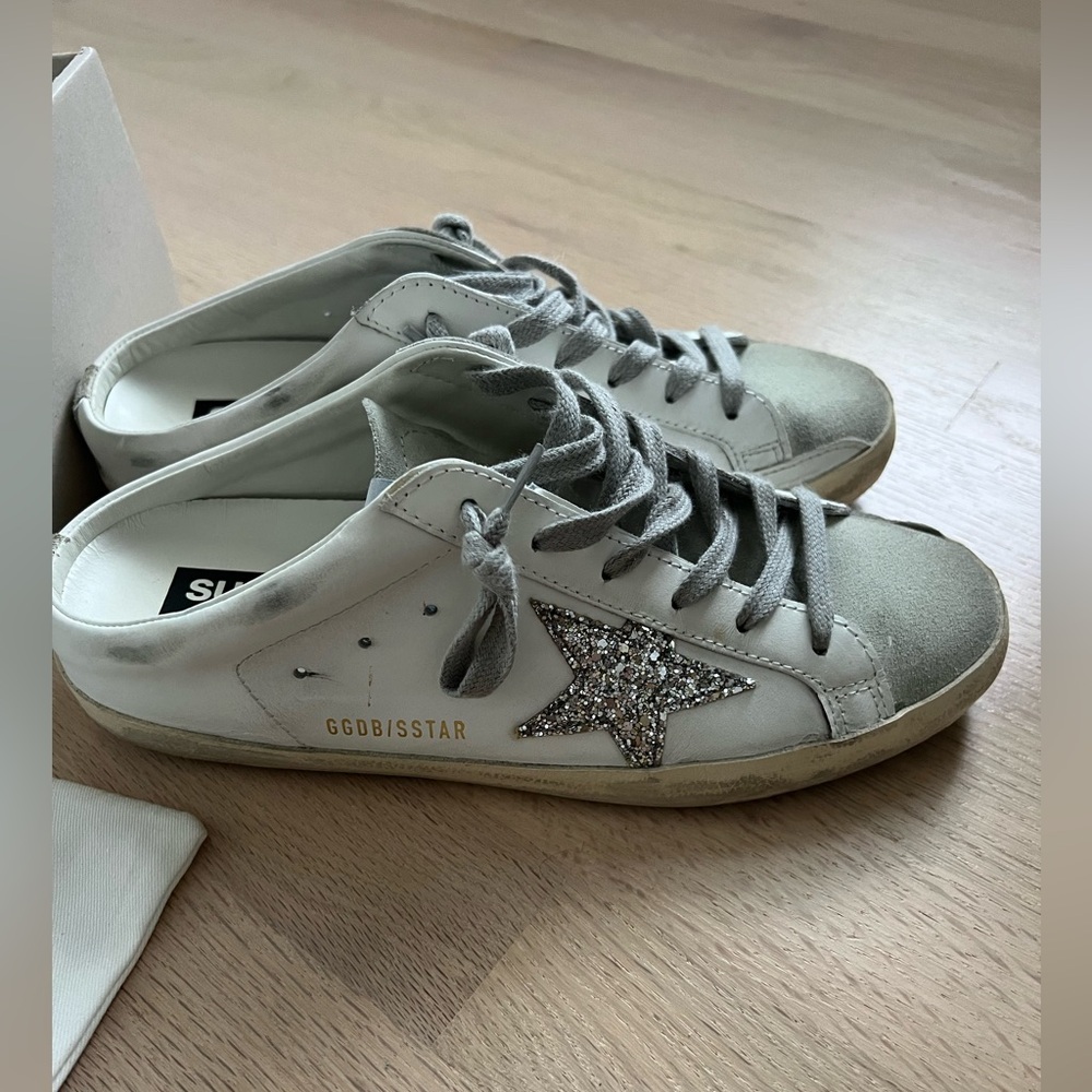 Golden Goose Super-Star Sabot Mule white sneaker and silver glitter star size 39